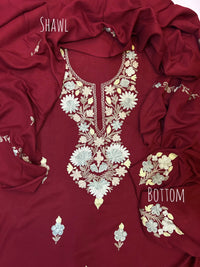 Premium Kashmiri Woolen Suit Set with Aari Embroidery | Winter Wear Fabric with Shawl & Bottom (Maroon)