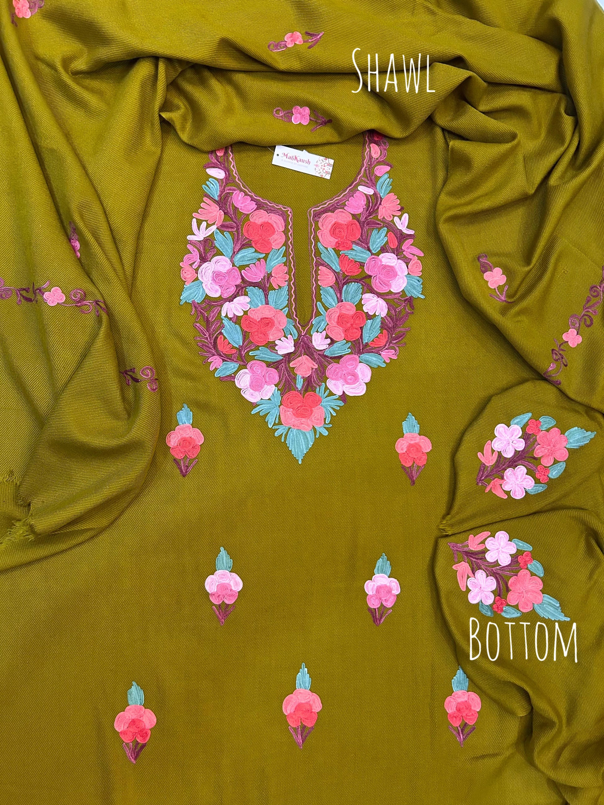 Premium Kashmiri Woolen Suit Set with Aari Embroidery | Winter Wear Fabric with Shawl & Bottom (Olive Green)