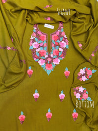 Premium Kashmiri Woolen Suit Set with Aari Embroidery | Winter Wear Fabric with Shawl & Bottom (Olive Green)