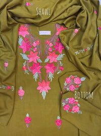 Premium Kashmiri Woolen Suit Set with Aari Embroidery | Winter Wear Fabric with Shawl & Bottom (Olive Green)