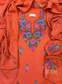 Premium Kashmiri Woolen Suit Set with Aari Embroidery | Winter Wear Fabric with Shawl & Bottom (Peach)